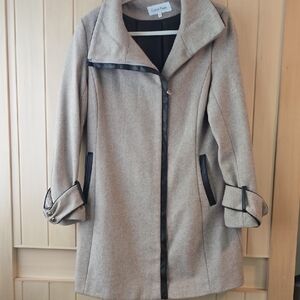 Calvin Klein Women's Tan Wool Coat with Brown Leather Trim